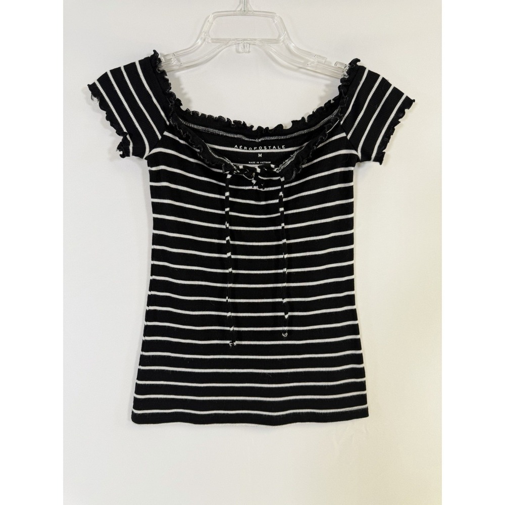 Aeropostale Y2K Womens Stretch Navy White Striped‎ Short Sleeve Henley Top Tee M